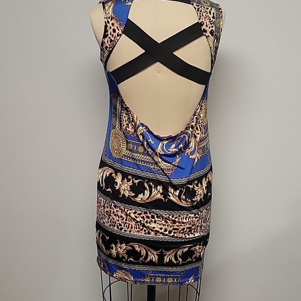 Blush Blue and Gold Baroque Mini Dress With Crossed Back - Picture 2 of 3